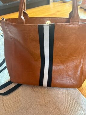 Brown Faux Leather Tote with Black & White Stripe